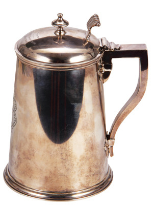 Silver stein, 7.7'' ht., 805 grams, hall mark sterling, Crosby & Morse, Boston, inscription on lid: Presented by the Clarendon Club, Jan. 6, 1866, very good condition.  - 2