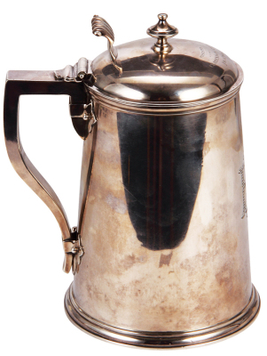 Silver stein, 7.7'' ht., 805 grams, hall mark sterling, Crosby & Morse, Boston, inscription on lid: Presented by the Clarendon Club, Jan. 6, 1866, very good condition.  - 4