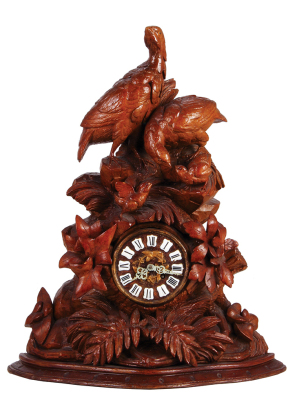 Black Forest bird wood carved mantle clock, 21.2" ht. x 17.5" w. x 7.0" d., carved in Switzerland, c.1910, linden wood, bird family, glass eyes, clock movement marked: Horlogerie Paris 1127, clock mechanism will need cleaning and adjustment, chip on base 