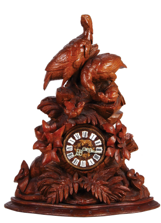 Black Forest bird wood carved mantle clock, 21.2" ht. x 17.5" w. x 7.0" d., carved in Switzerland, c.1910, linden wood, bird family, glass eyes, clock movement marked: Horlogerie Paris 1127, clock mechanism will need cleaning and adjustment, chip on base