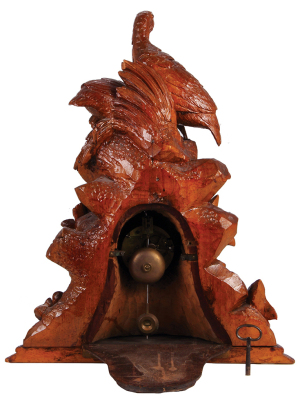 Black Forest bird wood carved mantle clock, 21.2" ht. x 17.5" w. x 7.0" d., carved in Switzerland, c.1910, linden wood, bird family, glass eyes, clock movement marked: Horlogerie Paris 1127, clock mechanism will need cleaning and adjustment, chip on base - 3