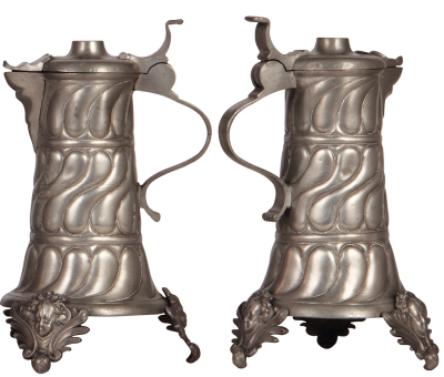 Pewter flagon, 10.6" ht., footed, 1672 on each foot, F. Kalmzinger, Nürnberg, made c.1880, good condition. - 2