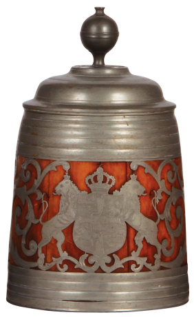 Daubenkrug, 9.0'' ht., wood & pewter, early 1900s, pewter lid, handle, base and overlay [inset], coat-of-arms, touchmarks inside lid: F. Santesson, Stockholm, good condition.  