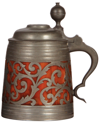 Daubenkrug, 9.0'' ht., wood & pewter, early 1900s, pewter lid, handle, base and overlay [inset], coat-of-arms, touchmarks inside lid: F. Santesson, Stockholm, good condition.   - 2