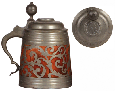 Daubenkrug, 9.0'' ht., wood & pewter, early 1900s, pewter lid, handle, base and overlay [inset], coat-of-arms, touchmarks inside lid: F. Santesson, Stockholm, good condition.   - 3