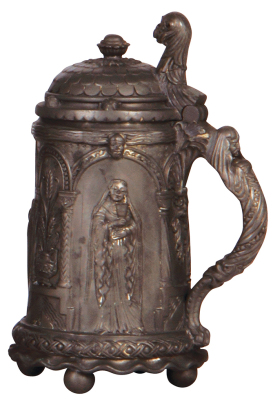 Pewter stein, .5L, relief, marked Orivit, 2010, elaborate detailed design, pewter lid, mint. 