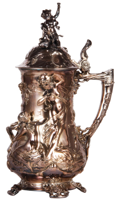 Silver-plated stein, 3.0L, 16.7" ht., marked Porte & Markle Ltd., made by W.M.F., Württembergische Metallwarenfabrik, Art Nouveau female design with Pan and cherubs, figural metal lid, excellent condition.            