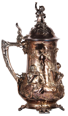 Silver-plated stein, 3.0L, 16.7" ht., marked Porte & Markle Ltd., made by W.M.F., Württembergische Metallwarenfabrik, Art Nouveau female design with Pan and cherubs, figural metal lid, excellent condition.             - 2