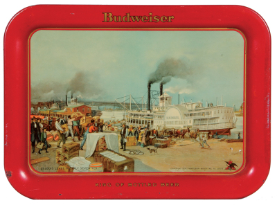 Anheuser-Busch advertising tray, 7.5" x 12.7", Budweiser King of Bottled Beer, St. Louis Levee in Early Seventies, marked: made by Amer. Can Co., litho. in U.S.A., copyright 1914, scratches and blemishes on red border.