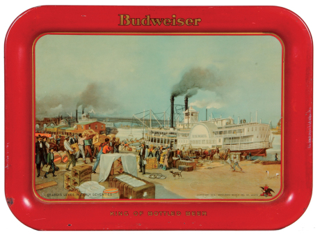 Anheuser-Busch advertising tray, 7.5" x 12.7", Budweiser King of Bottled Beer, St. Louis Levee in Early Seventies, marked: made by Amer. Can Co., litho. in U.S.A., copyright 1914, scratches and blemishes on red border.