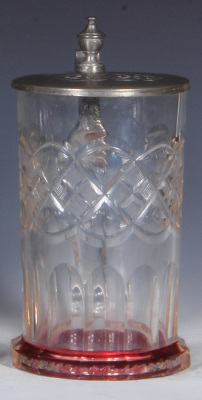 Glass stein, .5L, blown, cut, wheel-engraved, ruby colored base, mid. 1800s, pewter lid, roughness inside lid, glass mint.