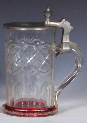 Glass stein, .5L, blown, cut, wheel-engraved, ruby colored base, mid. 1800s, pewter lid, roughness inside lid, glass mint. - 2