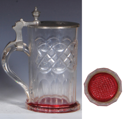 Glass stein, .5L, blown, cut, wheel-engraved, ruby colored base, mid. 1800s, pewter lid, roughness inside lid, glass mint. - 3