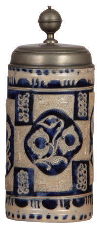 Stoneware stein, 10.6" ht., late 1700s, Westerwälder Walzenkrug, incised, applied relief: small horses, blue saltglaze, pewter lid, pewter touch mark, inscription on lid dated 1785, very good condition.