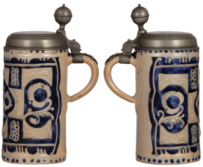 Stoneware stein, 10.6" ht., late 1700s, Westerwälder Walzenkrug, incised, applied relief: small horses, blue saltglaze, pewter lid, pewter touch mark, inscription on lid dated 1785, very good condition. - 2