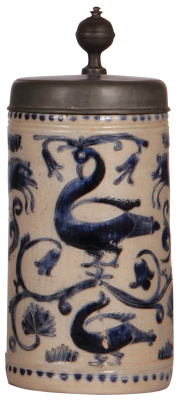 Stoneware stein, 10.4" ht., late 1700s, Westerwälder Walzenkrug, incised, blue saltglaze, birds and wild boar, pewter lid, pewter touch mark, small factory glaze flaw, otherwise very good condition.