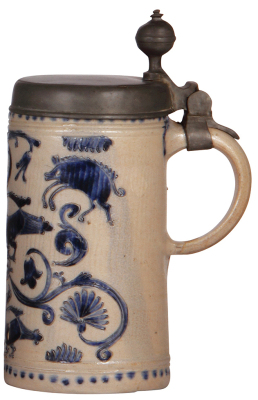 Stoneware stein, 10.4" ht., late 1700s, Westerwälder Walzenkrug, incised, blue saltglaze, birds and wild boar, pewter lid, pewter touch mark, small factory glaze flaw, otherwise very good condition. - 2