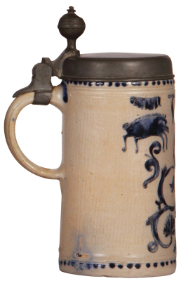 Stoneware stein, 10.4" ht., late 1700s, Westerwälder Walzenkrug, incised, blue saltglaze, birds and wild boar, pewter lid, pewter touch mark, small factory glaze flaw, otherwise very good condition. - 3