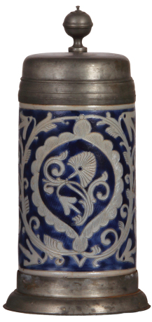 Stoneware stein, 11.8" ht., c.1780, Westerwälder Walzenkrug, very large, incised, blue saltglaze, pewter lid & footring, pewter touch mark, small factory chip under inside rim, otherwise very good condition.