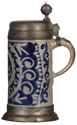 Stoneware stein, 11.8" ht., c.1780, Westerwälder Walzenkrug, very large, incised, blue saltglaze, pewter lid & footring, pewter touch mark, small factory chip under inside rim, otherwise very good condition. - 2