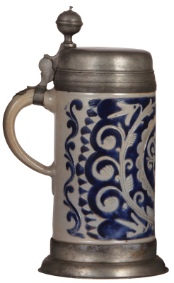 Stoneware stein, 11.8" ht., c.1780, Westerwälder Walzenkrug, very large, incised, blue saltglaze, pewter lid & footring, pewter touch mark, small factory chip under inside rim, otherwise very good condition. - 3