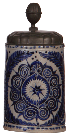 Stoneware stein, 10.2" ht., late 1700s, Westerwälder Walzenkrug, incised, blue saltglaze, pewter lid, pewter touch mark, slight pewter tear, faint line on bottom, good condition.