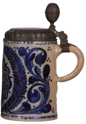 Stoneware stein, 10.2" ht., late 1700s, Westerwälder Walzenkrug, incised, blue saltglaze, pewter lid, pewter touch mark, slight pewter tear, faint line on bottom, good condition. - 2