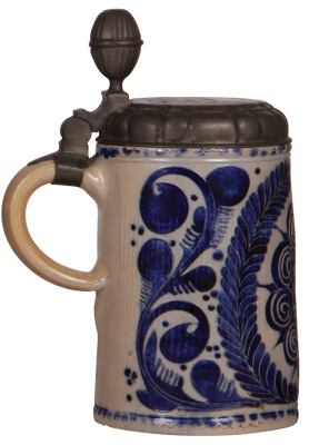 Stoneware stein, 10.2" ht., late 1700s, Westerwälder Walzenkrug, incised, blue saltglaze, pewter lid, pewter touch mark, slight pewter tear, faint line on bottom, good condition. - 3