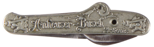 Anheuser-Busch pocket knife, 3.3'', double-sided design, Anheuser-Busch, St. Louis, A & Eagle, stanhope glass missing,&nbsp;marked Anheuser Busch,&nbsp;good condition.