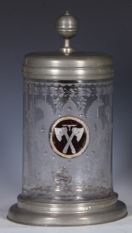 Glass stein, 1.0L, 9.0" ht., blown, wheel-engraved, double-headed eagle, Zwischengoldglas, c.1740, pewter lid & base ring, pewter touch marks, very rare, very good condition.