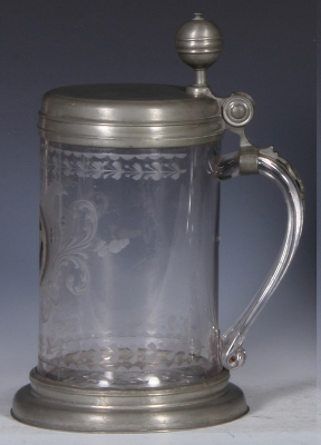 Glass stein, 1.0L, 9.0" ht., blown, wheel-engraved, double-headed eagle, Zwischengoldglas, c.1740, pewter lid & base ring, pewter touch marks, very rare, very good condition. - 2