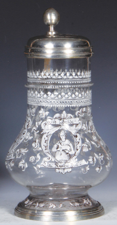 Glass stein, 1.0L, 10.7" ht., blown, hand-painted, enamel, women with a cross, a lamb and a dove, dated 1706 & G.F.M. on pewter lid, pewter footring, very rare early glass stein, mint. 