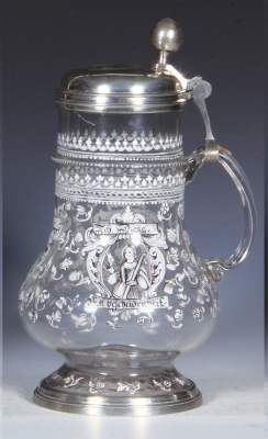 Glass stein, 1.0L, 10.7" ht., blown, hand-painted, enamel, women with a cross, a lamb and a dove, dated 1706 & G.F.M. on pewter lid, pewter footring, very rare early glass stein, mint.  - 2