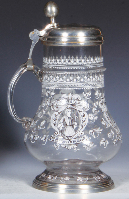 Glass stein, 1.0L, 10.7" ht., blown, hand-painted, enamel, women with a cross, a lamb and a dove, dated 1706 & G.F.M. on pewter lid, pewter footring, very rare early glass stein, mint.  - 3