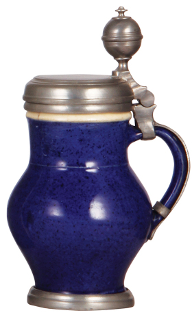 Stoneware stein, 9.0'' ht., mid 1700s, Birnkrug, blue glaze, pewter lid, footring and vertical handle strap, two very tight hairlines on outside, barely visible.