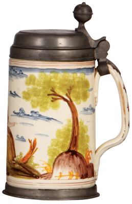 Faience stein, 9.2" ht., c.1770, Magdeburger Walzenkrug, base mark, pewter lid & footring, minor glaze loss at edge of handle, pewter tear at rear of lid - still strong.         - 2