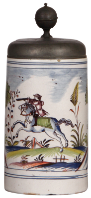 Faience stein, 9.5" ht., late 1700s, Erfurter Walzenkrug, marked CX, pewter lid with touch mark and inscription dated 1777, pewter tear repaired & small upper & lower rim chips, good condition.