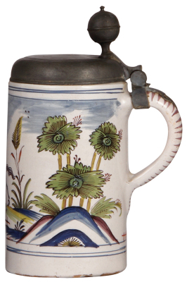 Faience stein, 9.5" ht., late 1700s, Erfurter Walzenkrug, marked CX, pewter lid with touch mark and inscription dated 1777, pewter tear repaired & small upper & lower rim chips, good condition. - 2