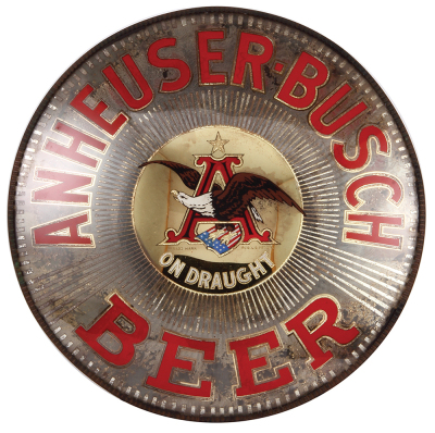 Anheuser-Busch wall mount lighted sign, 17.9" diameter, 8.0" deep [includes the mounting bracket], reversed etched & painted, Anheuser-Busch Beer on Draught, mirrored reflective back is flaking, otherwise excellent condition.