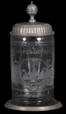 Glass stein, 1.0L, blown, clear, early 1800s, wheel-engraved, pewter lid & base ring, lid dated 1801, good condition.