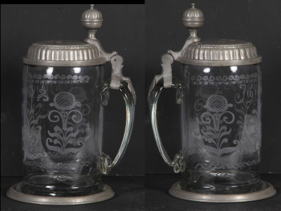 Glass stein, 1.0L, blown, clear, early 1800s, wheel-engraved, pewter lid & base ring, lid dated 1801, good condition. - 2