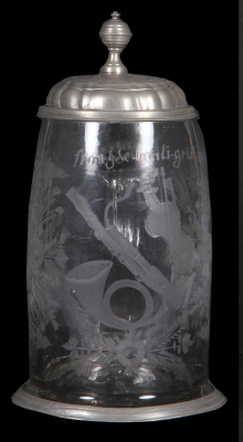 Glass stein, .5L, blown, clear, early 1800s, wheel-engraved musical instruments, pewter lid & base ring, religious figure engraved on lid, good condition.