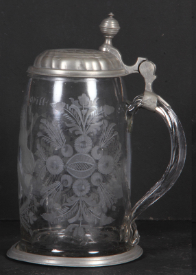 Glass stein, .5L, blown, clear, early 1800s, wheel-engraved musical instruments, pewter lid & base ring, religious figure engraved on lid, good condition. - 2