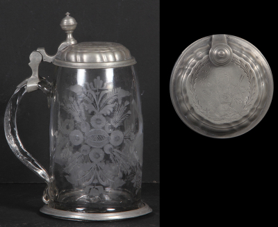 Glass stein, .5L, blown, clear, early 1800s, wheel-engraved musical instruments, pewter lid & base ring, religious figure engraved on lid, good condition. - 3