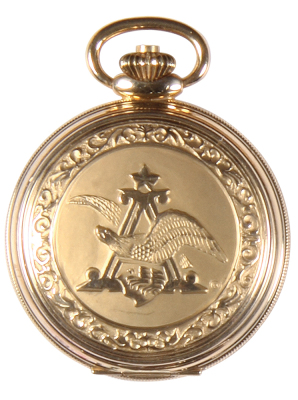 Anheuser-Busch pocket watch, marked Girard-Perregaux and 10K RCP with star, 17 jewel, mid 1900s, made in Switzerland, The relief design of the case has the Clydesdales passing through a gate and  A & Eagle, the watch is functioning, time may not be accura