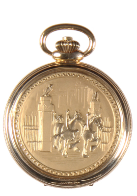 Anheuser-Busch pocket watch, marked Girard-Perregaux and 10K RCP with star, 17 jewel, mid 1900s, made in Switzerland, The relief design of the case has the Clydesdales passing through a gate and  A & Eagle, the watch is functioning, time may not be accura - 2