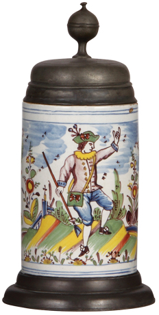 Faience stein, 10.9" ht., late 1700s, Erfurter Walzenkrug, marked V T, pewter lid with inscription 1787, pewter footring & later vertical strap, good pewter tear repair, body good condition.            