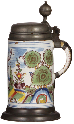 Faience stein, 10.9" ht., late 1700s, Erfurter Walzenkrug, marked V T, pewter lid with inscription 1787, pewter footring & later vertical strap, good pewter tear repair, body good condition.             - 2