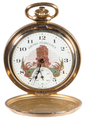 Anheuser-Busch pocket watch, marked Girard-Perregaux and 10K RCP with star, 17 jewel, mid 1900s, made in Switzerland, The relief design of the case has the Clydesdales passing through a gate and  A & Eagle, the watch is functioning, time may not be accura - 3