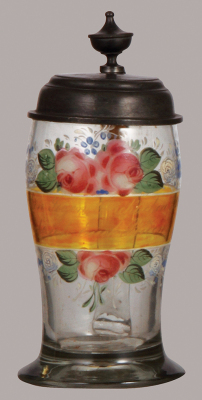 Glass stein, 1.0L, blown, clear, mid. 1800s, hand-painted, pewter lid dated 1850, very good condition.